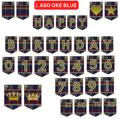 1 Blue Aso Oke African Happy Birthday Bunting: DIY Banner Kit (Digital Download)