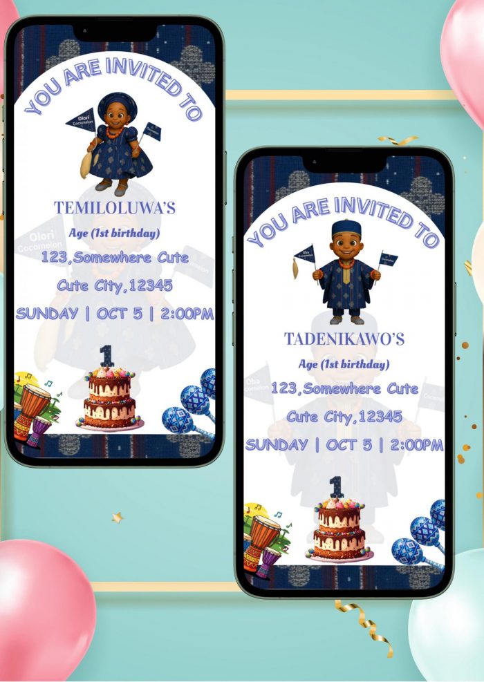 il_fullxfull.7215325162_7k1c.jpg Aso Oke 1st Birthday Invitation: African Theme, Boy & Girl (Digital Canva Template)
