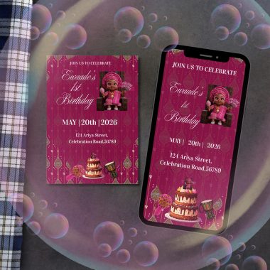 Fuchsia Aso Oke 1st Birthday Invitation: African Theme, Editable Canva Template (Digital Download)