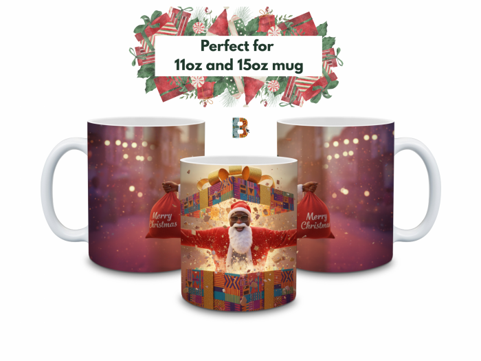 Father Christmas out of the box African Festive Mug Wrap Design – 9″ x 4″ Digital Download