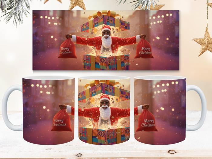 Father Christmas out of the box African Festive Mug Wrap Design – 9″ x 4″ Digital Download