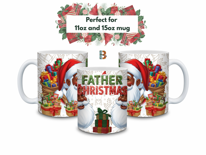 Father Christmas Black Santa Hamper Christmas Mug Wrap Design – 9″ x 4″ Digital Download