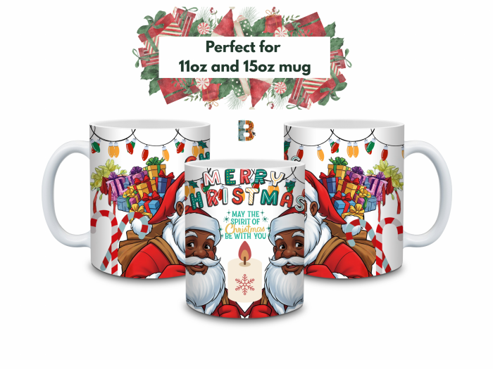 mug23_trio Christmas spirit Black Santa African Festive Mug Wrap Design – 9″ x 4″ Digital Download