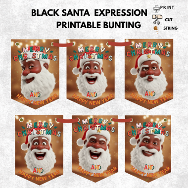 Printable Black Santa Christmas Bunting – 6 Expressions | 3 Pages A4 Sheets Digital Download
