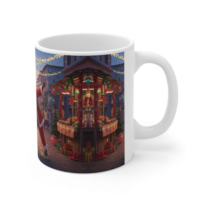 African Brown Santa Claus Street Christmas Scene Mug | Ceramic Coffee Cup