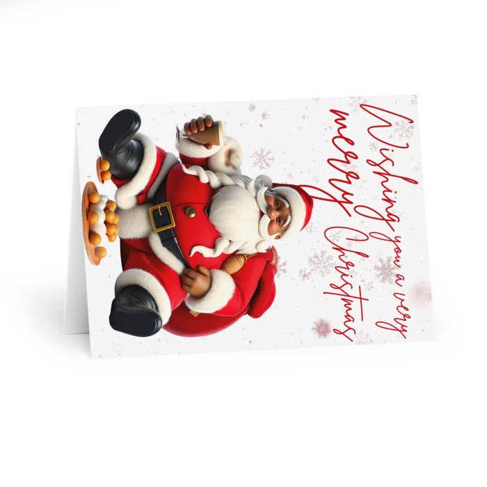 Santa Claus eating puff puff and cold chocolate drink Greeting Cards | Christmas Card Pack