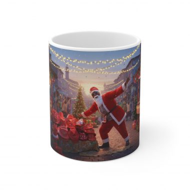 African Brown Santa Claus Street Christmas Scene Mug | Ceramic Coffee Cup