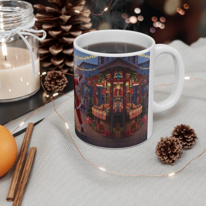 African Brown Santa Claus Street Christmas Scene Mug | Ceramic Coffee Cup