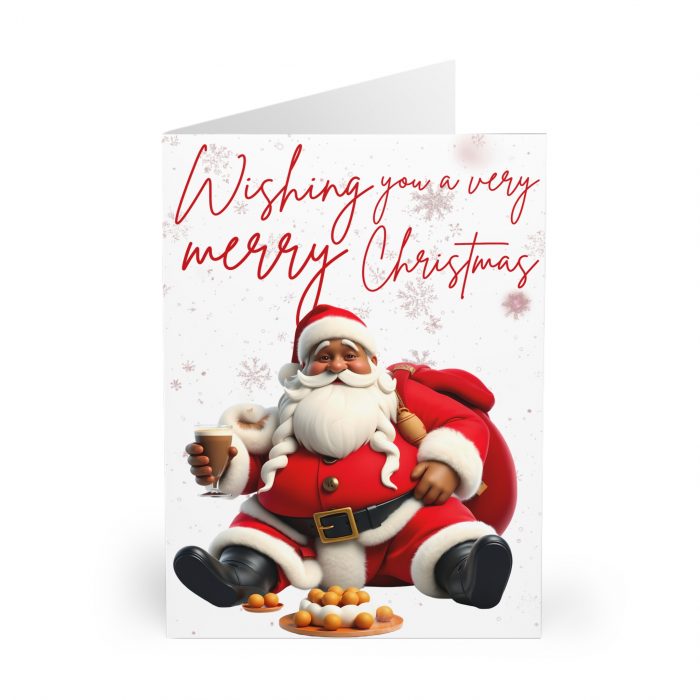 Santa Claus eating puff puff and cold chocolate drink Greeting Cards | Christmas Card Pack