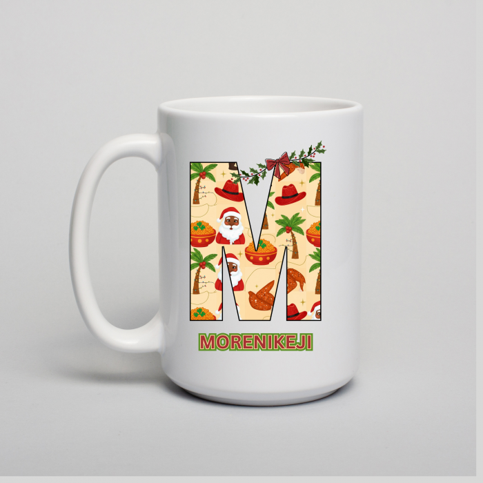 Personalized African Christmas Initial Mug Custom Name AtoZ Afro Holiday Coffee Cup Black Santa Mug Cultural Xmas Gift