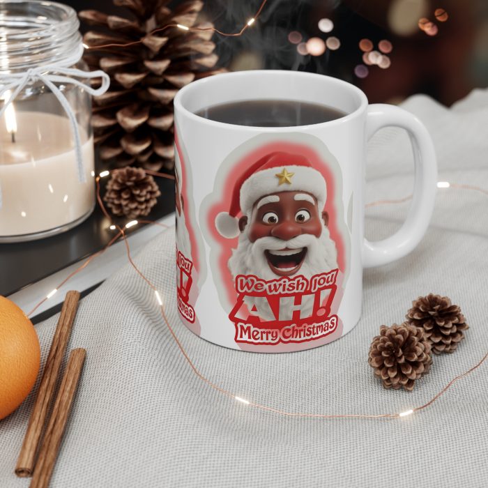We Wish You Ah! Merry Christmas Brown Santa Mug | Christmas Coffee Cup
