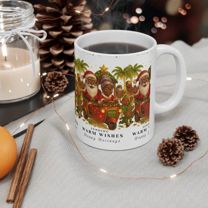 Black Santa Family Christmas Mug | Sending Warm Wishes Holiday Coffee Cup