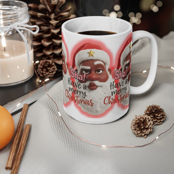 Humorous Pouting Black Santa Face Sha! Have a Merry Christmas Mug | Ceramic Coffee Cup