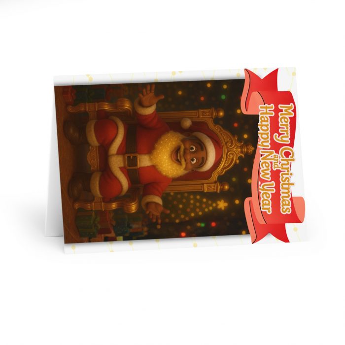 Merry Christmas & Happy New Year Brown Santa Greeting Cards (5 Pack) | Holiday Card Set