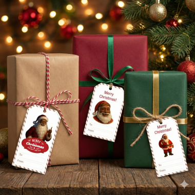 Brown Santa Christmas Tags • Pack of 10 or 12 • 6 Designs • Small & Large Tag Sizes • 300gsm Card