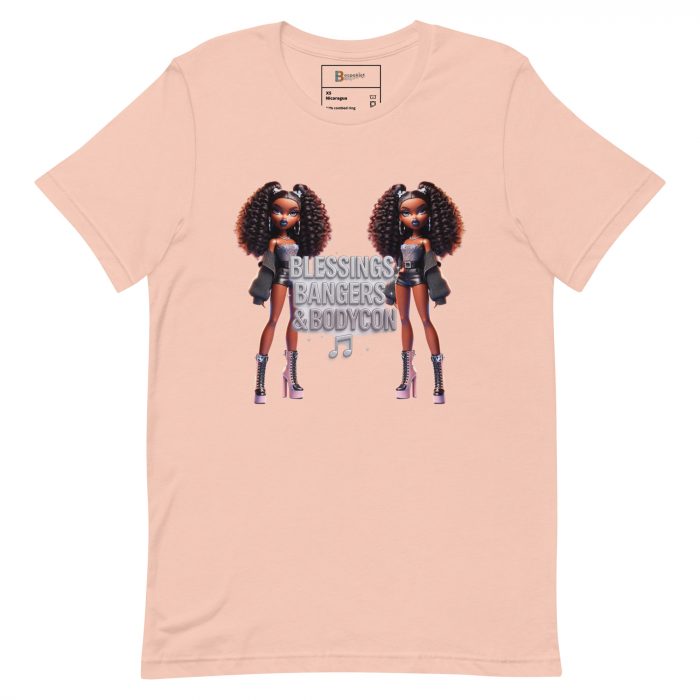 unisex-staple-t-shirt-heather-peach-front-6917a652a77ad.jpg Blessings Bangers Bodycon Detty December Slay Queen t-shirt Cotton Fabric