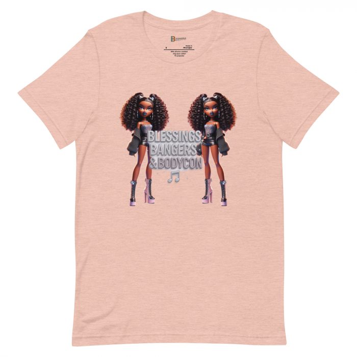 unisex-staple-t-shirt-heather-prism-peach-front-6917a65441e9a.jpg Blessings Bangers Bodycon Detty December Slay Queen t-shirt Cotton Fabric