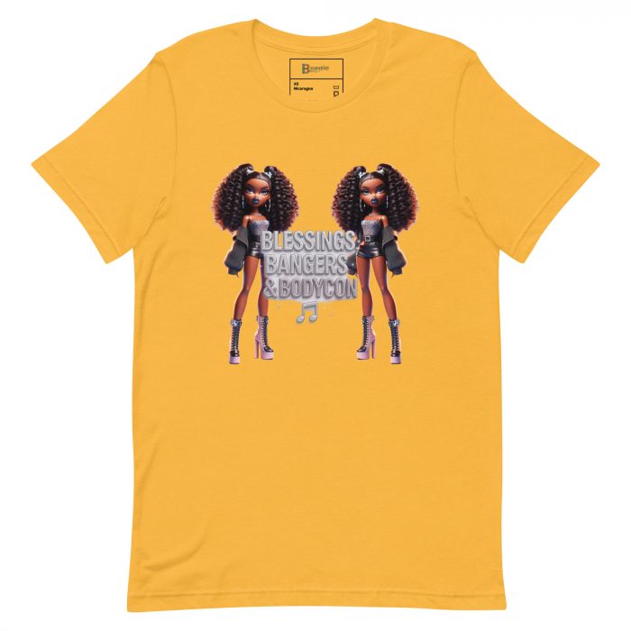 unisex-staple-t-shirt-heather-yellow-gold-front-6917a66cc64af.jpg Blessings Bangers Bodycon Detty December Slay Queen t-shirt Cotton Fabric