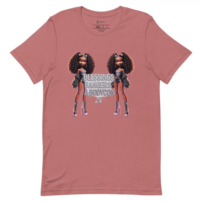 unisex-staple-t-shirt-mauve-front-6917a65849fa1.jpg Blessings Bangers Bodycon Detty December Slay Queen t-shirt Cotton Fabric