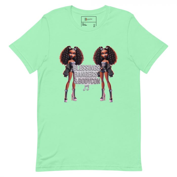 unisex-staple-t-shirt-mint-front-6917a66c7cad4.jpg Blessings Bangers Bodycon Detty December Slay Queen t-shirt Cotton Fabric