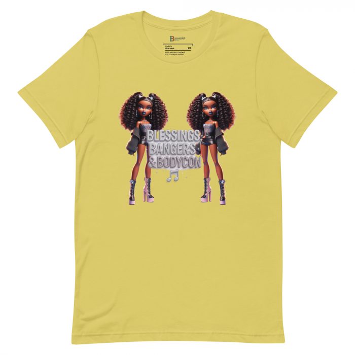 unisex-staple-t-shirt-strobe-front-6917a663251f6.jpg Blessings Bangers Bodycon Detty December Slay Queen t-shirt Cotton Fabric