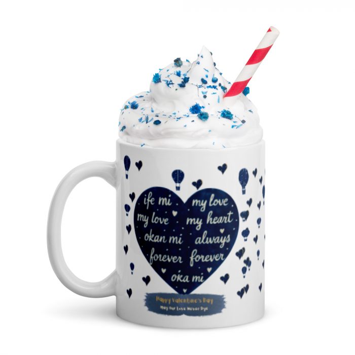 Love never Dye Adire Valentine White glossy mug