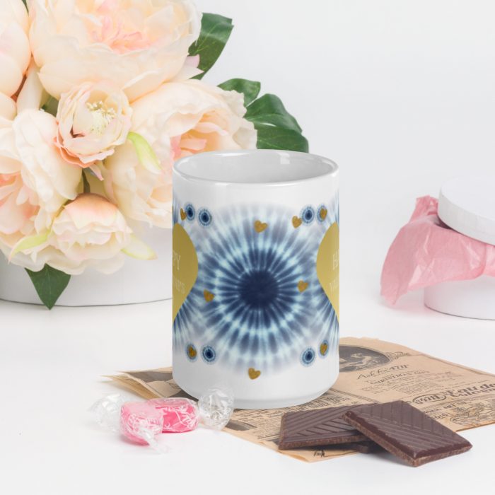 Adire Gold Heart White glossy mug